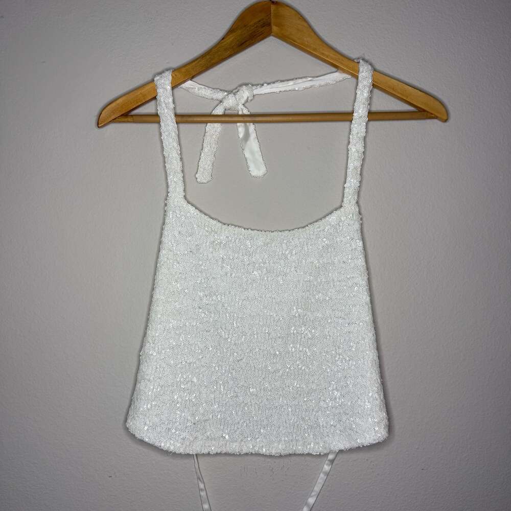 Jemine Festival Bachelorette Bridal White Sequin Tie-Back Crop Top